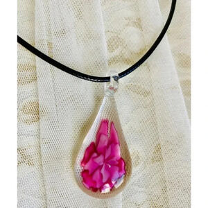 Women/Girls Charm TearDrop Murano Pink Floral Pendant Cord Necklace